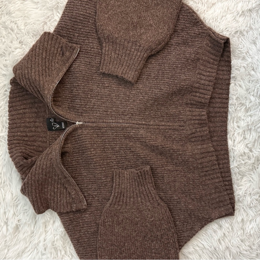 Brown Ribbed Zip-Up Sweater